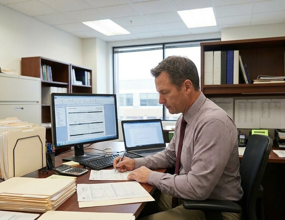 A mortgage loan originator working at their desk